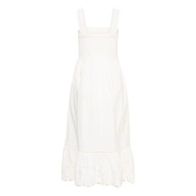 Kaffe chalk white midi dress with square neckline, wide straps, smocked bodice and broderie anglaise frill hem