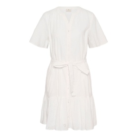 Kaffe chalk white short-sleeve tiered mini dress with V-neckline, button placket and self-tie waist belt