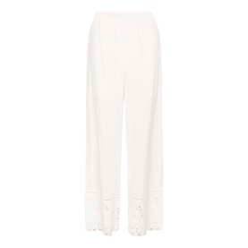 Kaffe chalk wide-leg trousers with elasticated waist and floral broderie anglaise hem trim detail.