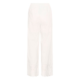 Kaffe chalk wide-leg trousers with broderie anglaise hem trim, elasticated waistband, flat lay back view