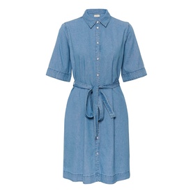 Kaffe medium blue chambray shirt dress with short sleeves, button-down front, collar, and tie waist belt