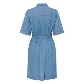 Kaffe medium blue chambray shirt dress, rear view, short sleeves, tie waist, button-front detail, knee length
