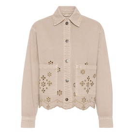 Kaffe Feather Gray denim jacket with broderie anglaise hem detail, scalloped edge, chest pockets, and button-front fastening
