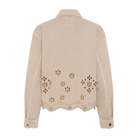 Kaffe Feather Gray jacket back view, featuring floral eyelet cutwork hem detail and scalloped edge with button cuffs