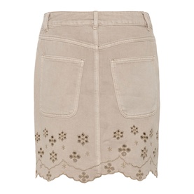 Kaffe Feather Gray mini skirt, back view with two patch pockets and floral broderie anglaise scalloped hem