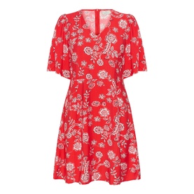 Kaffe women's dress in Poppy Red Chalk Flower, flutter sleeves, V-neckline, floral print, flared skirt silhouette