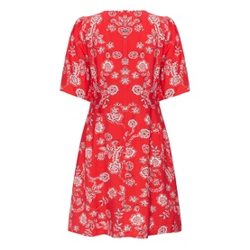 Kaffe women's dress in Poppy Red Chalk Flower print, short flutter sleeves, wrap-style front, shown from the back.