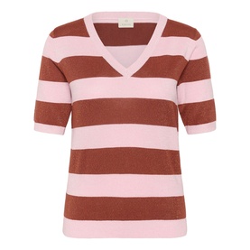 Kaffe short-sleeve V-neck knit top in ballerina pink and henna brown bold stripes with subtle shimmer finish
