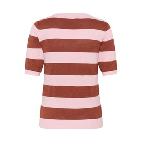 Kaffe short-sleeve knit top in ballerina pink and henna rust wide stripes, shot from the back, relaxed fit.
