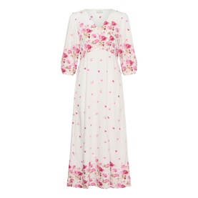 Kaffe White Rose Border Flower midi dress with puff sleeves, V-neckline, and floral print on white fabric
