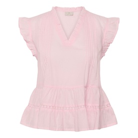 Kaffe blouse in Ballerina pink with V-neck, ruffle sleeves, pintuck detail, and tiered peplum hem