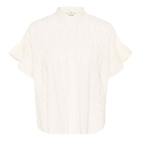 Kaffe chalk short-sleeve blouse with ruffle sleeves, mandarin collar, and pintuck detail on a flat lay