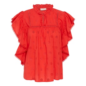 Kaffe Poppy Red blouse with ruffle collar, flutter sleeves, eyelet embroidery, and tie neckline detail