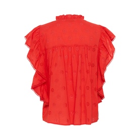 Kaffe Poppy Red sleeveless blouse with ruffle trim, tiered frill sleeves, and floral embroidered detail, back view
