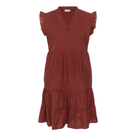 Kaffe henna tiered mini dress with V-neck, frill cap sleeves, and lace trim detailing on a flat lay