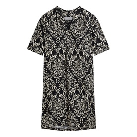 Hobbs black and cream baroque print short-sleeve mini dress with V-neckline and all-over floral damask pattern