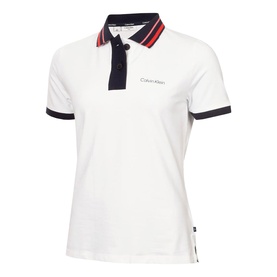 Calvin Klein Golf women's white polo shirt with navy and red tipped collar and cuffs, logo at chest