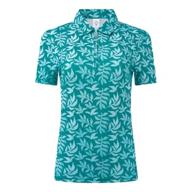 Pure Golf women's teal floral leaf print polo shirt with zip collar and short sleeves, displayed flat on white background