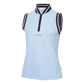 Calvin Klein Golf Blue Bell sleeveless polo shirt, polka dot print, navy zip collar and contrast stripe trim, women's