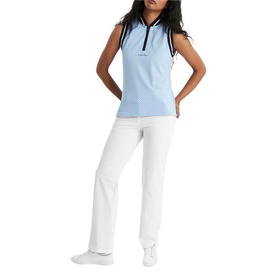 Model wearing Calvin Klein Golf sleeveless polo shirt in Blue Bell with navy collar trim, styled with white trousers and white trainers.