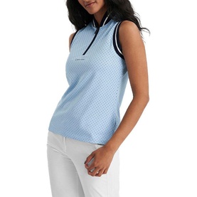 Model wearing Calvin Klein Golf Blue Bell sleeveless polo shirt with zip collar, small print, and contrast trim detailing