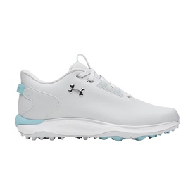 Under Armour women's golf shoes in white/grey with light blue accents, spiked sole and lace-up fastening, side logo detail