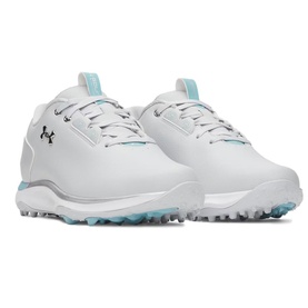 Under Armour women's golf shoes in grey, white synthetic upper with pale blue accents, silver hardware eyelets and spiked outsole