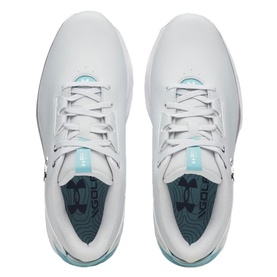 Under Armour women's golf shoes in grey with teal accent lining, white laces and rubber sole, top-down view