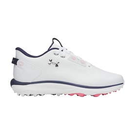 Under Armour women's golf shoe in white with navy laces, pink accents, and spikeless rubber sole
