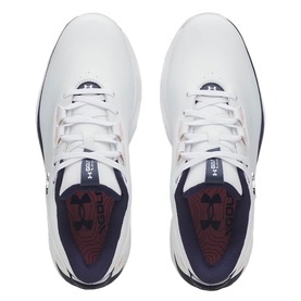 Under Armour women's golf shoes in white, top-down view showing navy lining, lace-up fastening and branded insole
