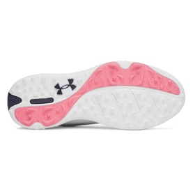 Under Armour women's golf shoe sole in white with pink cushioning pods and navy logo detail.