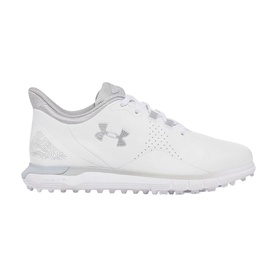 Under Armour women's golf shoes in white, spikeless rubber sole, silver UA logo, lace-up with perforated detailing