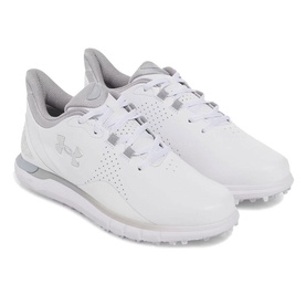 Under Armour women's golf shoes in white, grey perforated leather upper, spikeless rubber sole, lace-up fastening with logo detail
