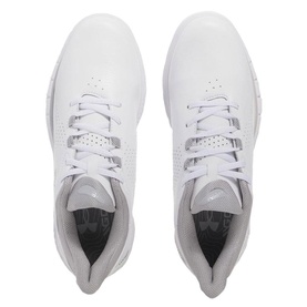 Under Armour women's golf shoes in White, smooth leather upper with lace fastening, grey padded collar, top-down view