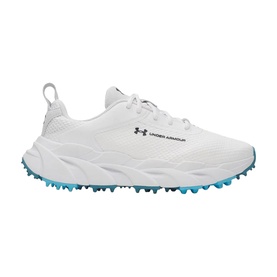 Under Armour women's golf shoe in white with teal spiked outsole, mesh upper, and lace fastening, lateral view