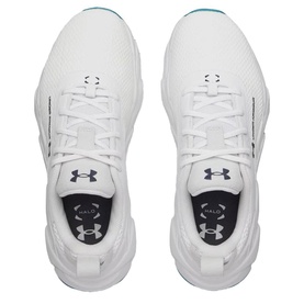 Under Armour women's golf shoes in white, top-down view showing lace-up front, mesh upper, and silver logo detail