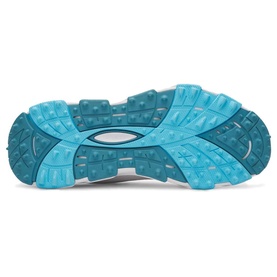 Under Armour women's golf shoe sole view in white and teal, showing multi-directional traction lugs and blue rubber outsole pattern