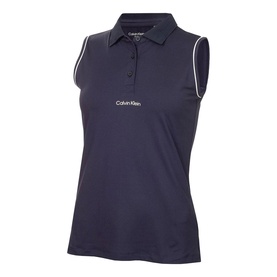 Calvin Klein Golf women's navy sleeveless polo shirt with white piping trim and button placket, branded chest logo