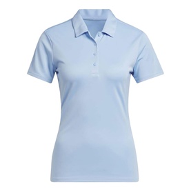 Model wearing Adidas Golf women's polo shirt in Clear Sky blue, short sleeves, three-button placket, fitted silhouette.