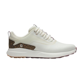 FootJoy women's golf shoe in cream and beige with leopard print panel, lace-up fastening, and spikeless gum rubber sole.