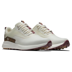 Footjoy Women's golf shoes in cream beige multi, featuring reptile-print heel panel, burgundy accents, and spiked rubber sole