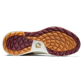 Footjoy women's golf shoe sole in cream beige multi, featuring diamond-pattern tread in burgundy and tan with gold logo detail.