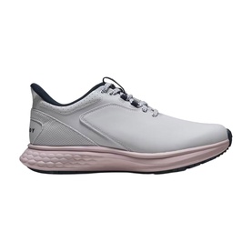 Footjoy women's golf shoe in white, navy and pink with cushioned pink midsole and lace-up fastening, lateral view