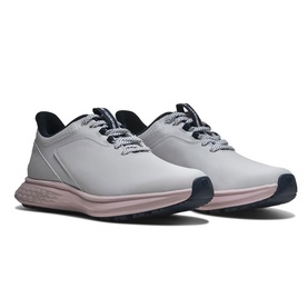 Footjoy women's golf shoes in white, navy and pink, with smooth upper, navy lace detail and cushioned pink midsole