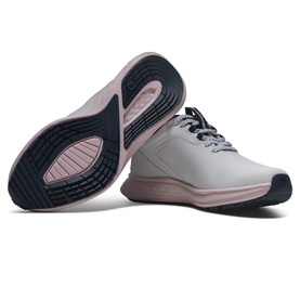 Footjoy women's golf shoes in white, navy and pink, shown from two angles with pink midsole and dark navy patterned outsole.