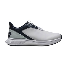 Footjoy women's golf shoe in white and navy blue, leather upper, lace fastening, cushioned white sole with navy heel panel