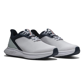 Footjoy women's golf shoes in white and navy blue, lace-up style with light grey midsole and navy heel panel