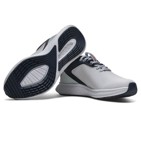 Footjoy women's golf shoes in white and navy blue, shown from two angles revealing lace-up front and dark textured sole.