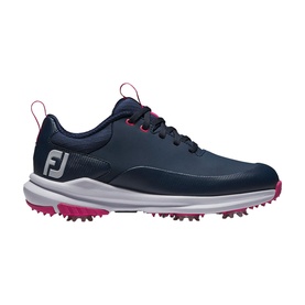 FootJoy navy blue golf shoe with pink lace accents, white FJ branding, spiked white sole, and smooth synthetic upper.