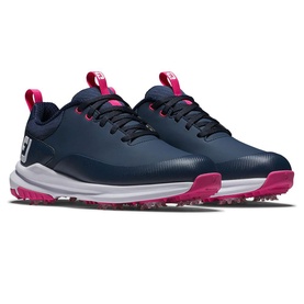 FootJoy women's golf shoe in navy blue with pink accents, white midsole, and spiked outsole, shown as a pair